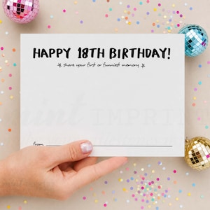 Peut inclure: Une carte rectangulaire blanche avec le texte noir HAPPY 18TH BIRTHDAY! et share your first or funniest memory, avec une ligne pour une signature marquée from. La carte est entourée de boules à facettes roses, bleues et dorées.