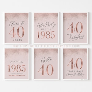 Decorações para festa de 40º aniversário para mulheres, tema ouro rosa, decoração para festa imprimível, 40 Cheers, vintage, 1985, Hello Thirty, glitter, conjunto com 6 placas para mulheres