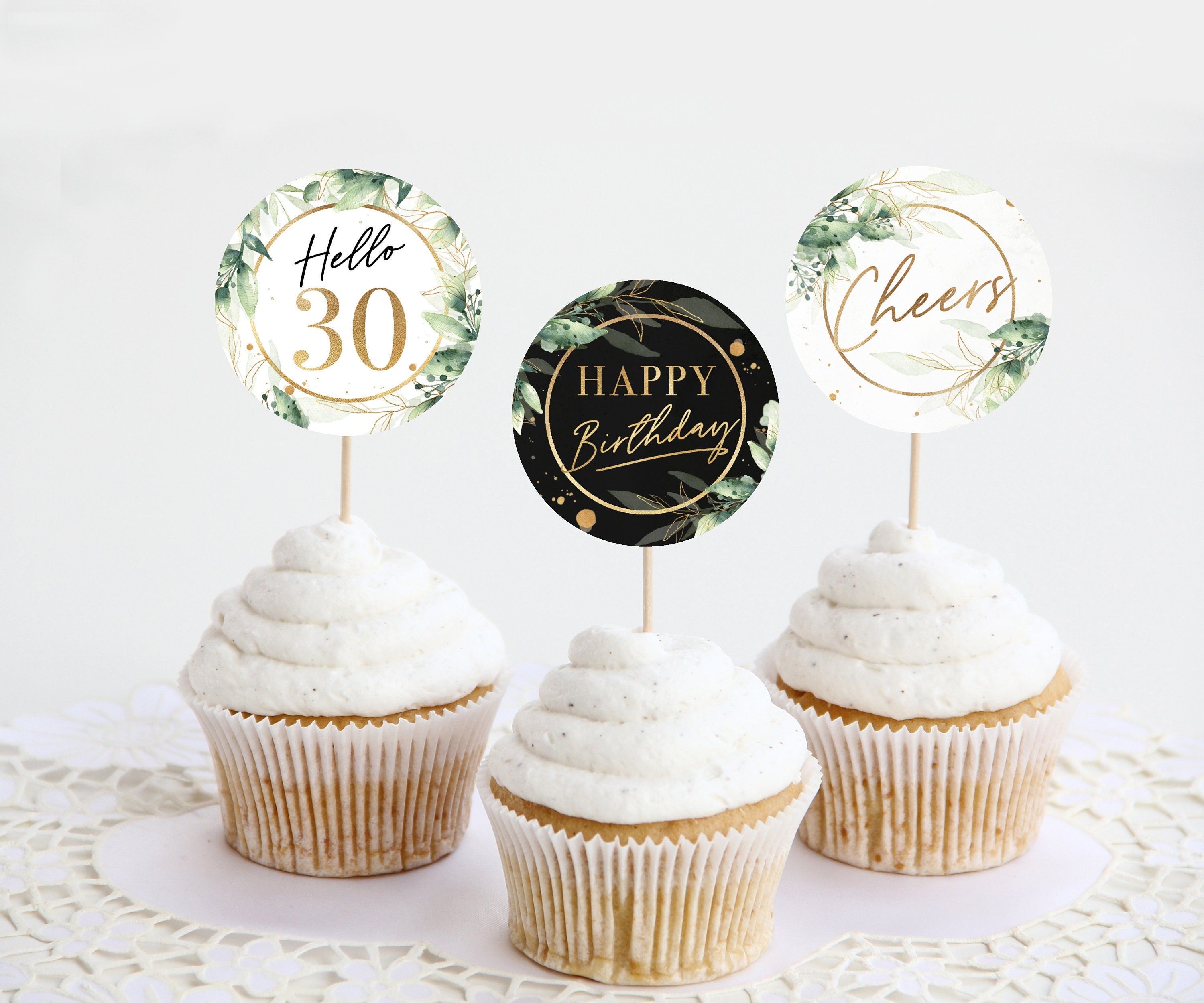 palloncini glitter per cupcake per il 30° compleanno Conruich 30° compleanno topper nero per torta con vassoi di carta e coriandoli set di decorazioni per torte con Hello 30° compleanno 