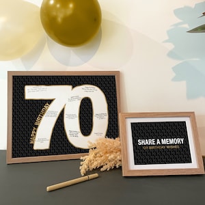 70e gastenboek poster afdrukbare verjaardag bewegwijzering Share A Memory 70, gelukkige 70e verjaardag decoraties goud, zeventig jaar Schrijven in handtekeningen