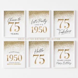 75th Birthday Party Decorations Gold, Printable 75 Birthday Signs for Women, Hello Seventy Cheers Vintage 1950 Glitter Templates 6 set
