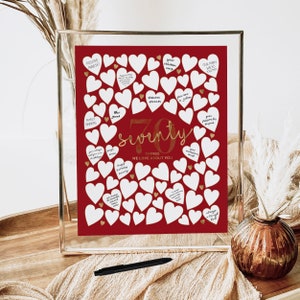 Red Gold 70th Birthday Gift, Printable Birthday Sign 70 Things We Love About You, Seventy Reasons Hearts Write On Ruby and Gold Party Decor