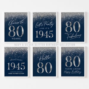 80th Birthday Signs Navy Blue Silver: Happy 80 Hello Vintage 1945 | Decorations for Men Women 6 set (Printable)