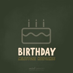 May include: A dark olive green graphic featuring a light gray outlined birthday cake with three candles. Below the cake, the word BIRTHDAY is printed in large cream letters, followed by the text MILESTONE KEEPSAKES in a thin yellow font.