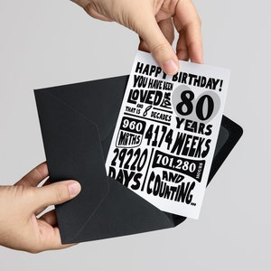 Imprimable 80e carte d'anniversaire que vous aimez depuis 80 ans mois semaines jours, bricolage numérique téléchargement carte de voeux anniversaire stats 5 x 7