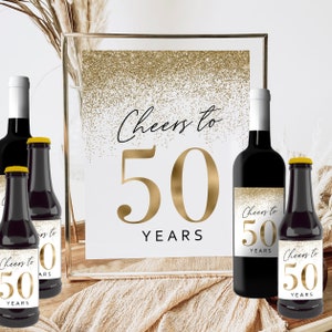 Cheers To 50 Years Printable Birthday Sign Wine Bottle Label Beer Champagne, 4 Sizes Gold 50th Party Decoration Women Fifty Confetti Glitter