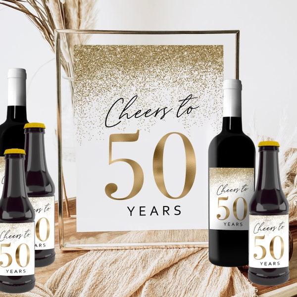 Cheers To 50 Years Printable Birthday Sign Wine Bottle Label Beer Champagne, 4 Sizes Gold 50th Party Decoration Women Fifty Confetti Glitter