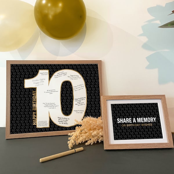 10th Birthday Sign In Guest Book Alternative, Printable Happy 10th Birthday Share A Memory Gold Decorations Ten Year Old Double Digits