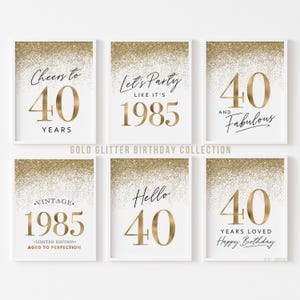 Złote dekoracje na 40 urodziny, drukowane znaki 40 urodzin dla kobiet, Hello Forty Cheers Happy Vintage Born 1985 Glitter 6 zestawów
