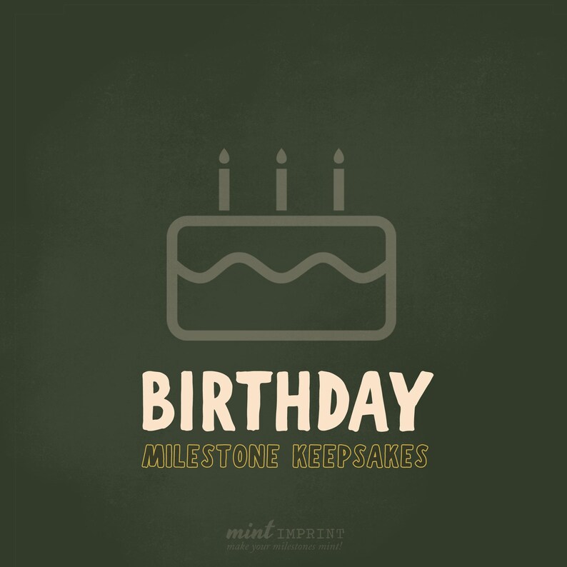 May include: A graphic on a dark green background features a cake with three candles and the word "BIRTHDAY" in a bold, off-white font. Below, the text "MILESTONE KEEPSAKES" is in a smaller, gold font. The logo "mint imprint" is at the bottom.
