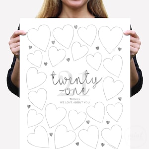 21st Birthday Decorations for Her or Him, Silver 21st Party Decor, 21 Things We Love About You Printable Hearts, Guestbook Birthday Board
