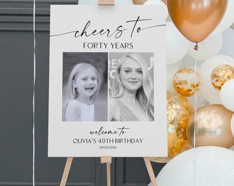 40th Welcome Sign, Minimalist Birthday Poster Template,  2 Photo Collage Forty Years, Editable Printable Download