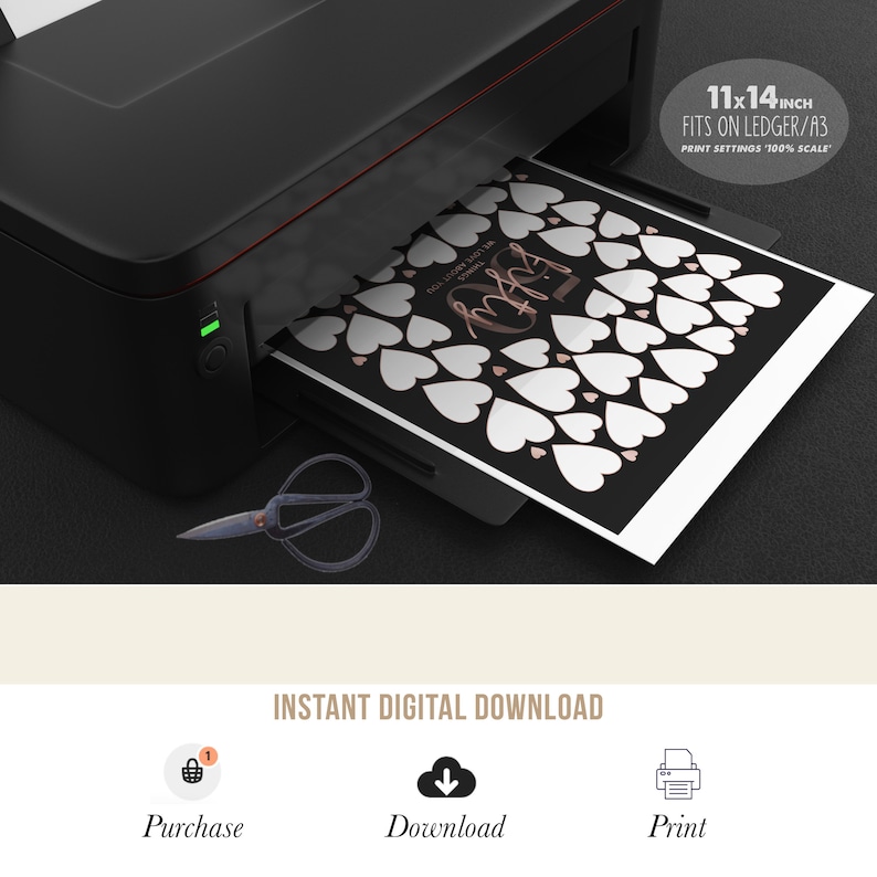 May include: A printable 11x14 inch heart guest book with the text "Our Love Story" in a rose gold font. The printable is designed to fit on ledger or A3 paper and the print settings should be set to 100% scale.