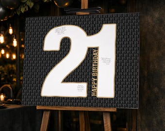 21st Birthday Signature Sign | Number 21 Guest Book Alternative | Black Gold Birthday Keepsake Printable for Men