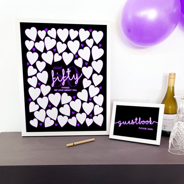 50th Birthday Decorations Purple Black, Fifty Year Old Gifts Women, 50 Things We Love About You Reasons Neon Party Theme Printable Party