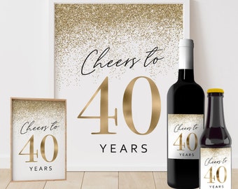 Cheers To 40 Years Printable Birthday Sign 40th Wine Bottle Label Beer Champagne Drink, 4 Sizes Gold Glitter