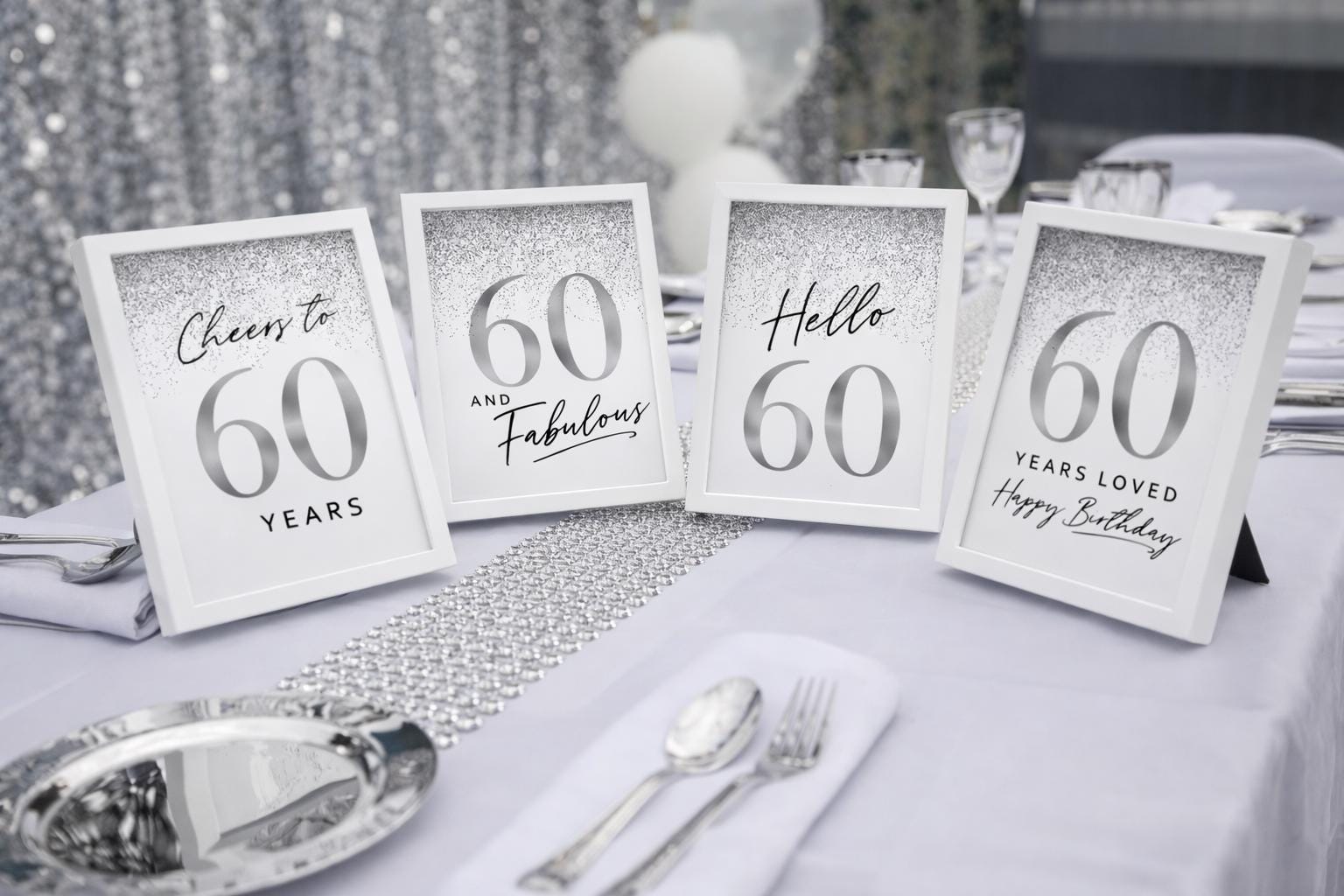 Silver Glitter 60th Birthday Decorations, Sixty Table Sign 60