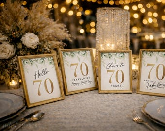 70th Birthday Party Signs, Botanical Gold Table Decor (Digital 4 Set)