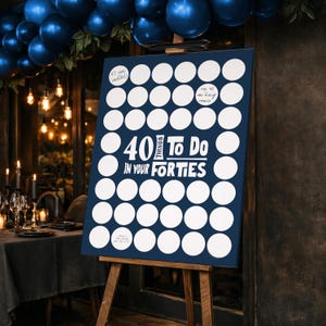 40th Birthday Bucket List Poster, Navy Blue Party Guest Game, Editable Canva Template