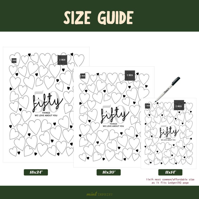 May include: A size guide for three posters labeled 18x24 inches, 16x20 inches, and 11x14 inches. Each poster features a black and white design with numerous heart outlines and the text Fifty Things We Love About You. A black pen is shown for scale.