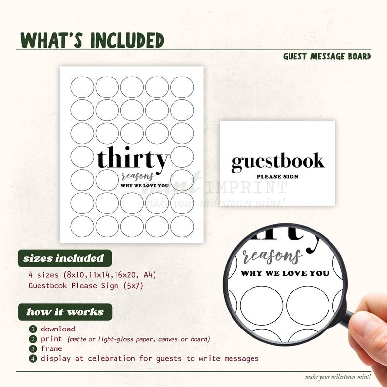 K&ouml;nnte beinhalten: Eine wei&szlig;e G&auml;stetafel mit dem Text "thirty reasons why we love you" und einer separaten "guestbook please sign"-Karte. Das Board enth&auml;lt Kreise f&uuml;r G&auml;stebotschaften. Enth&auml;lt 4 Gr&ouml;&szlig;en: 20x25, 28x35, 41x51 cm und A4.