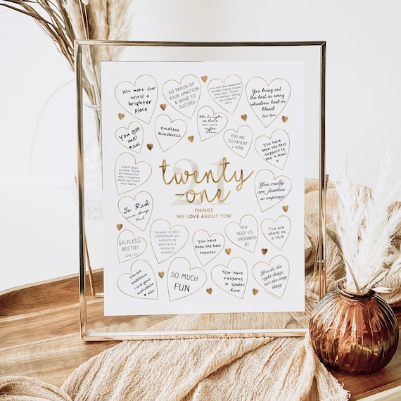 21 Things We Love About You Gold Party Decor, Printable Sign 21st Birthday Decoration Women, Write Hearts Guest Book Board Twenty-One