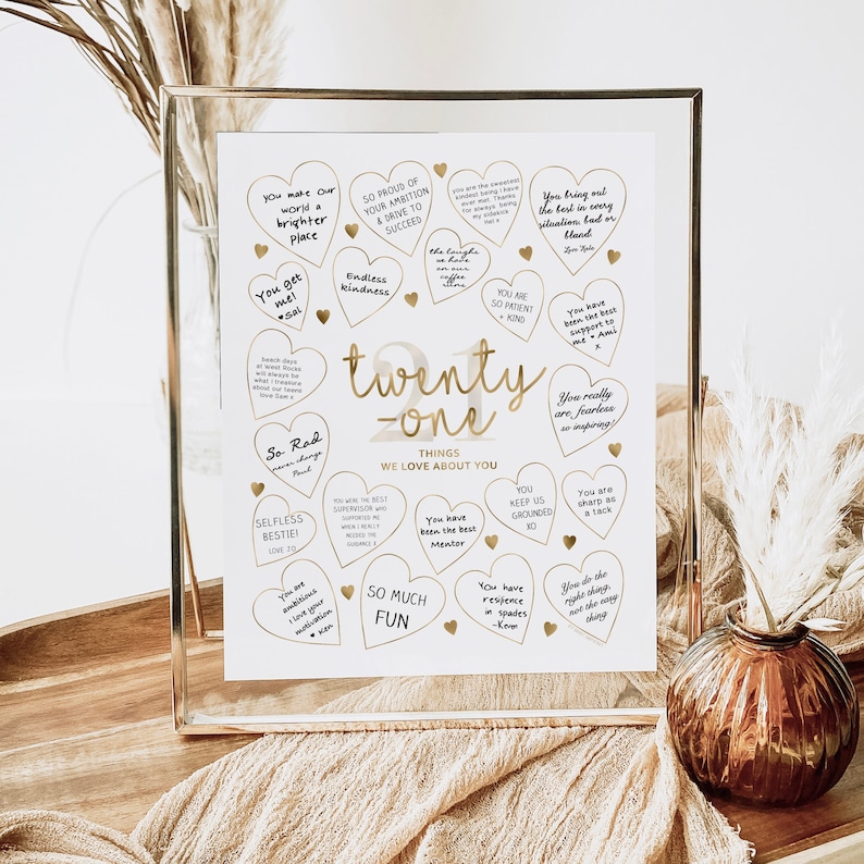 Poster for 21st Birthday, 21 Things We Love About You, Gold 21st Birthday Decorations, Printable Decorations for Twenty-One Year Old, Sign In For 21st Birthday