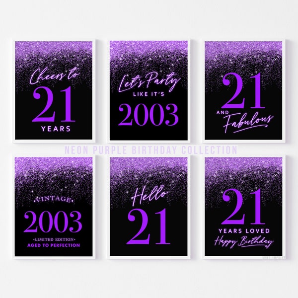 Plaques 21e anniversaire néon violet noir, Cheers 21 ans Loved Birthday Signs femmes, 21 Glow Party Like It's 2003 Born Hello Twenty-One 6 set