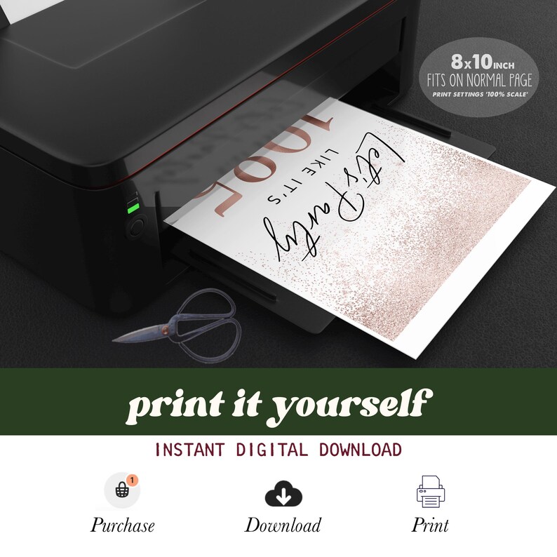 May include: A black printer printing a white sheet with the text "Let's Party" in black script and "100" in rose gold. The sheet is 8x10 inches and fits on a normal page. Scissors are on the surface. The image also includes the text "print it yourself".