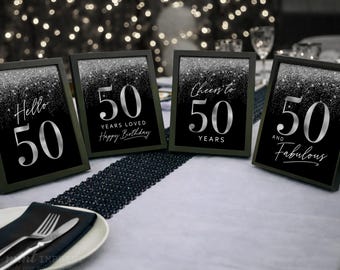 Men's 50th Birthday Signs, Glitter Silver Black Table Decor, Celebrating 50, 4 Set