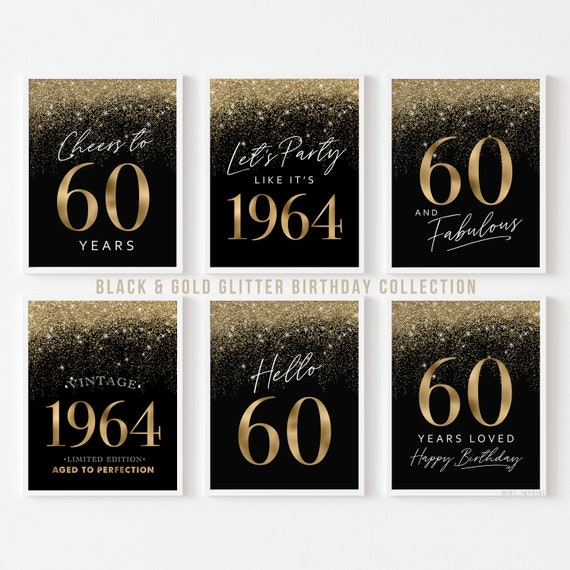 60th Birthday Decorations Black and Gold Party Printables 60 Birthday Signs  Men, Hello Sixty Cheers Vintage 1964 Template 6 Set - Etsy UK