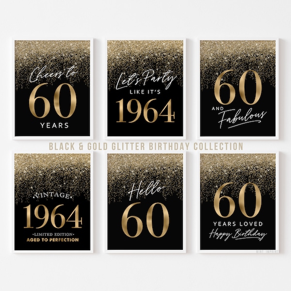 60th Birthday Decorations Black and Gold Party Printables 60 Birthday Signs Men, Hello Sixty Cheers Vintage 1964 Template 6 set