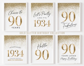 Gold Decorations for 90th Birthday Party, Printable 90 Birthday Signs for Women, Hello Ninety Cheers Fabulous Vintage 1934 Glitter Set of 6