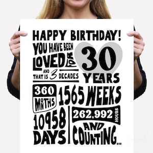 Je bent al 30 jaar geliefd Afdrukbare verjaardagsborden 30e afdrukbare download Lastminutecadeau, gefeliciteerd met je dertigste verjaardagsstatistieken