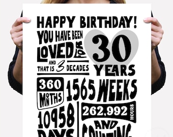 You Have Been Loved For 30 Years Printable Birthday Signs 30th Printable Download Last Minute Gift, Happy Birthday Thirty Birthday Stats