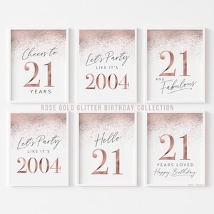 21st Birthday Decorations for Women, Rose Gold Printable Signs Table Party Decor Women&#39;s Twenty-One Poster 6 set