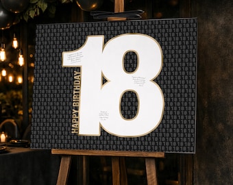 Black & Gold 18th Birthday Guest Book Sign, Number 18 Poster for Men (Digital)