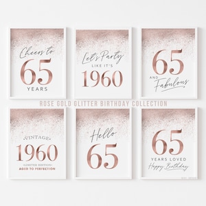 Decoraciones para fiesta de cumpleaños número 65 en oro rosa, letreros imprimibles de 65 cumpleaños para mujeres, juego de 6 con brillantina vintage de 1960 con sesenta y cinco vítores