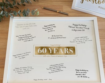 60 Years Signature Board Printable Poster Happy 60th Birthday Gold Well Wishes and Treasured Memories of You, Sixty Years Memories Sign