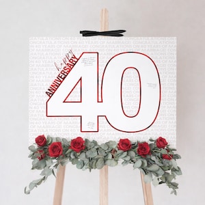 Firma per la festa del 40° anniversario di matrimonio / Celebrazione dei 40 anni di matrimonio / Cornice per firma del libro degli ospiti a forma di numero rosso rubino / Stampabile