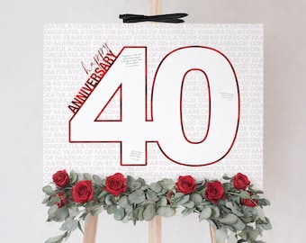 40th Wedding Anniversary Party Sign In | Celebrating 40 Years Married | Ruby Red Number Shape Guest Book Signature Frame | Printable