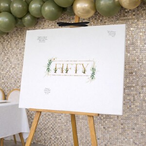 Signaturtavla för 50-årsdag, blommigt grönt blad botaniskt guld, kvinnor som fyller femtio (utskrivbar nedladdning)