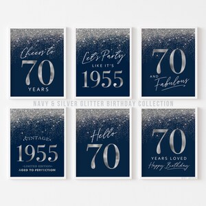 Letreros de cumpleaños número 70 en azul marino y plateado, decoraciones imprimibles para hombres, fiesta de cumpleaños masculina nacida en 1955, juego de 6, descarga instantánea