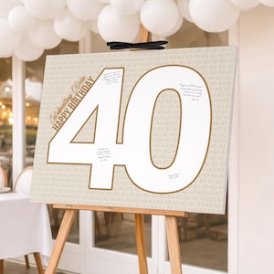 Puede incluir: Un letrero para celebrar un 40 cumpleaños, con un gran número "40" para firmas. El fondo es beige claro con un patrón repetido del número "40". Se lee "Celebrating Olivia Happy Birthday".
