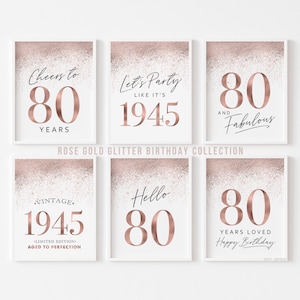 Decoraciones para fiesta de cumpleaños número 80 para mujeres, letreros de cumpleaños número 80 en oro rosa, Hello Eighty Cheers, plantillas con purpurina vintage de 1945, juego de 6