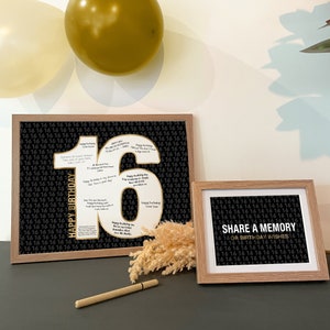 16th Guest Book Poster Printable Birthday Signage Share A Memory, Number 16 Happy Birthday Decoration Gold Sweet Sixteen Write In Signatures