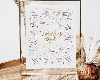 21 Things We Love About You Printable 21st Birthday Party Decorations Gold Sign Women, Write Hearts Guest Book Board Twenty-One Reasons Why