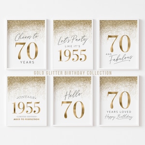 Decoraciones doradas para fiesta de 70 cumpleaños, letreros imprimibles de 70 cumpleaños para mujeres, plantillas vintage de 1955 con purpurina (juego de 6)