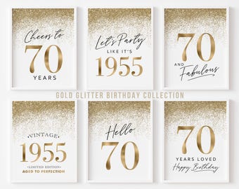 70th Birthday Party Decorations Gold | Printable 70 Birthday Signs for Women | Hello Seventy Cheers Vintage 1955 | Glitter Templates | 6 set