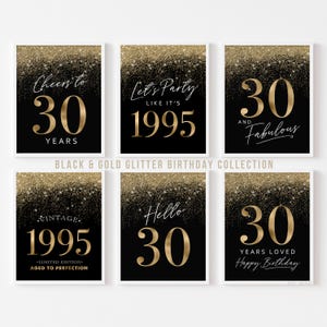 30th Birthday Decorations | Black and Gold Posters for Men Turning Thirty | Party Sign 30 Hello Cheers Vintage 1995 | Printable 6 set
